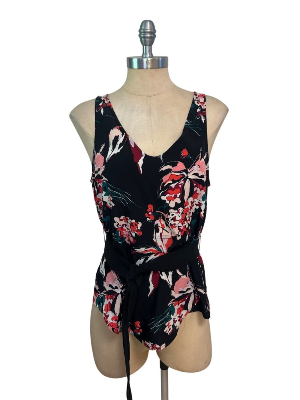 Derek Lam x Athleta Womens Black Floral Sleeveless Wrap Tie Blouse Top Small